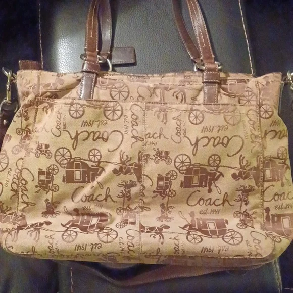 Coach brown canvas shoulder handbag purse  leather straps  hangtag Vintage - Picture 5 of 8